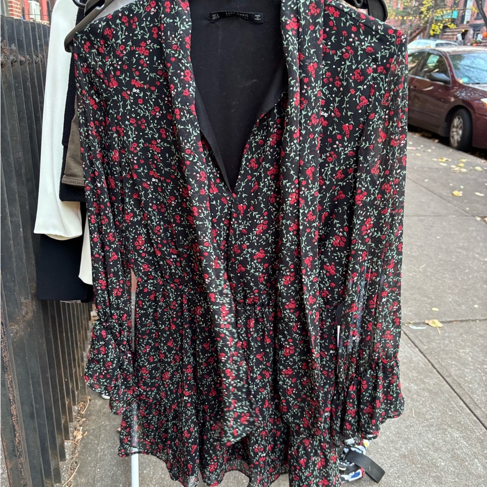 Zara Black and Red Floral Long Sleeve Dress